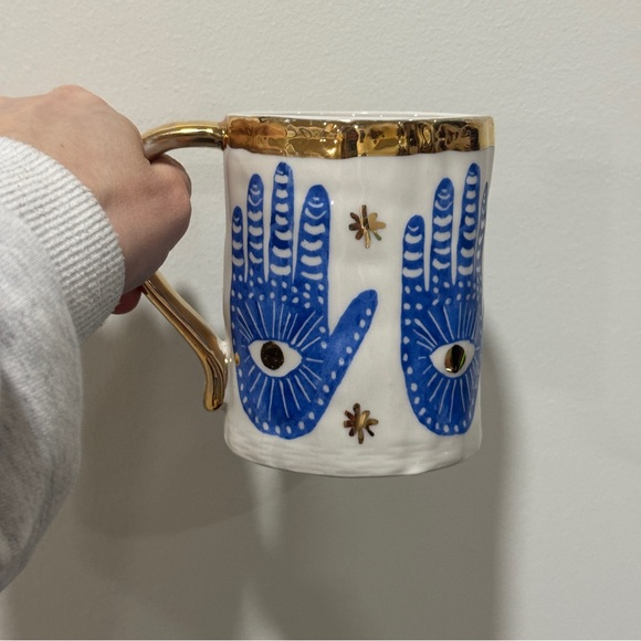 Anthropologie insight Mug Hamsa Coffee Tea evil eye gold hands stars protection - Picture 2 of 10